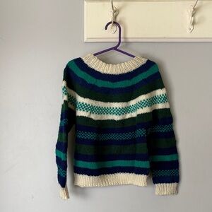 Handmade Kids Knit Sweater 4T/5T Blue Green Striped Cozy Unisex